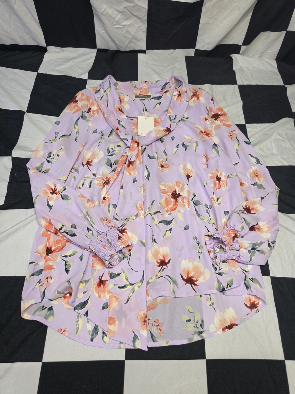 Pleione Lavender Floral Tie-Neck Blouse with Peach Blooms